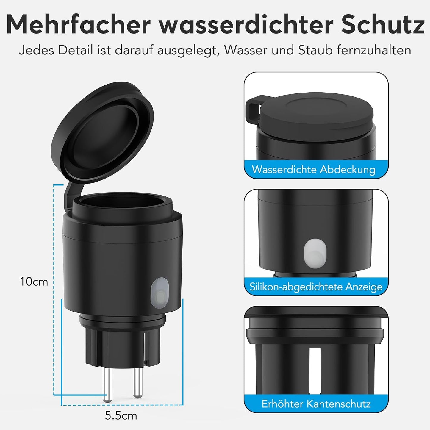 EIGHTREE WLAN Steckdose Outdoor, Zeitschaltuhr Aussenbereich mit Strommessung IP44 Wasserdicht, Smarte Steckdose mit Zeitschaltuhr, Fernbedienung & Sprachsteuerung, Kompatibel mit Alexa & Google Home