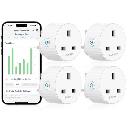 EIGHTREE Smart Plugs with Energy Monitoring, WiFi Smart Sockets with Remote Control and Timer, 2.4GHz Wi-Fi, 13A,  Alexa & Google Home Compatible