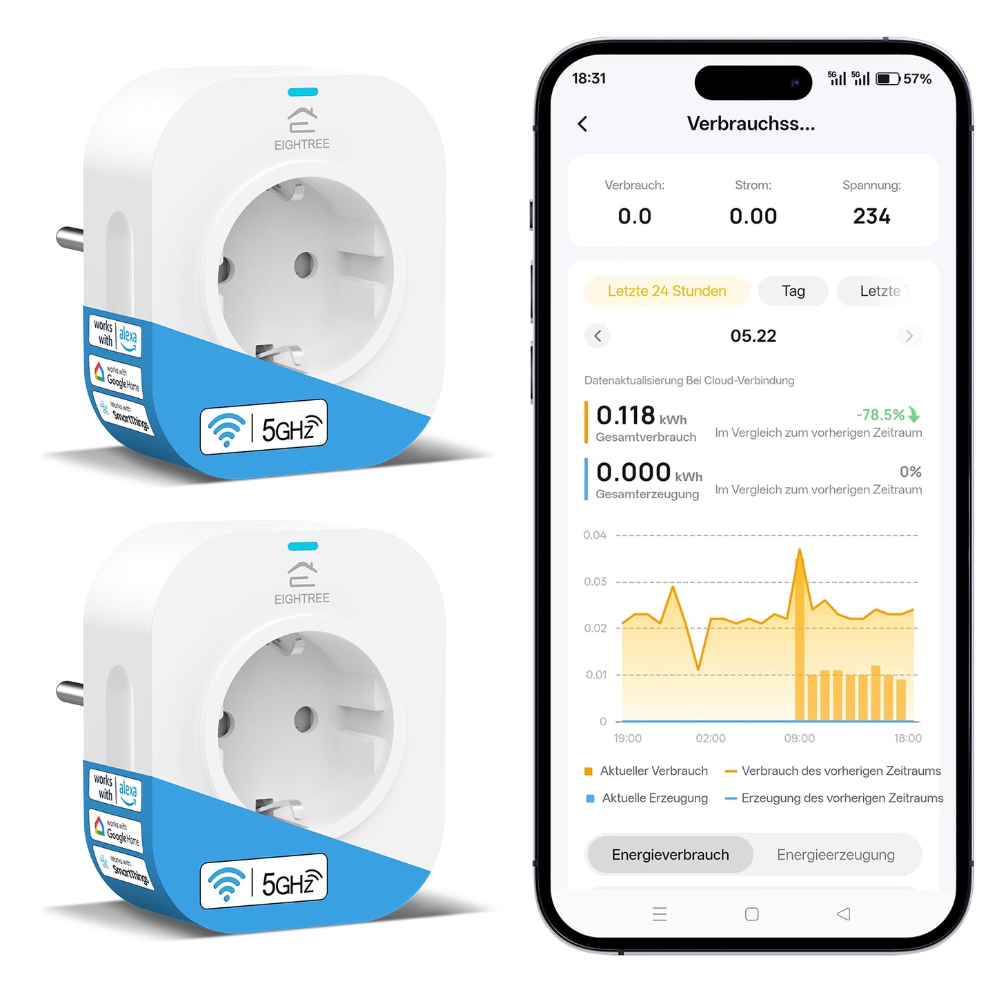 EIGHTREE WLAN Steckdose für Balkonkraftwerk mit Stromzähler, Stromverbrauch und Einspeisung messen, Steckdose mit Energiezähler für Mini-PV, 2.4G/5G WLAN, 16A 3680W, Alexa & Google Home kompatibel