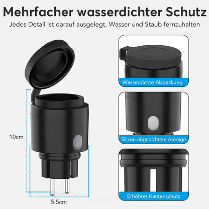 EIGHTREE WLAN Steckdose Outdoor, Zeitschaltuhr Aussenbereich mit Strommessung IP44 Wasserdicht, Smarte Steckdose mit Zeitschaltuhr, Fernbedienung & Sprachsteuerung, Kompatibel mit Alexa & Google Home