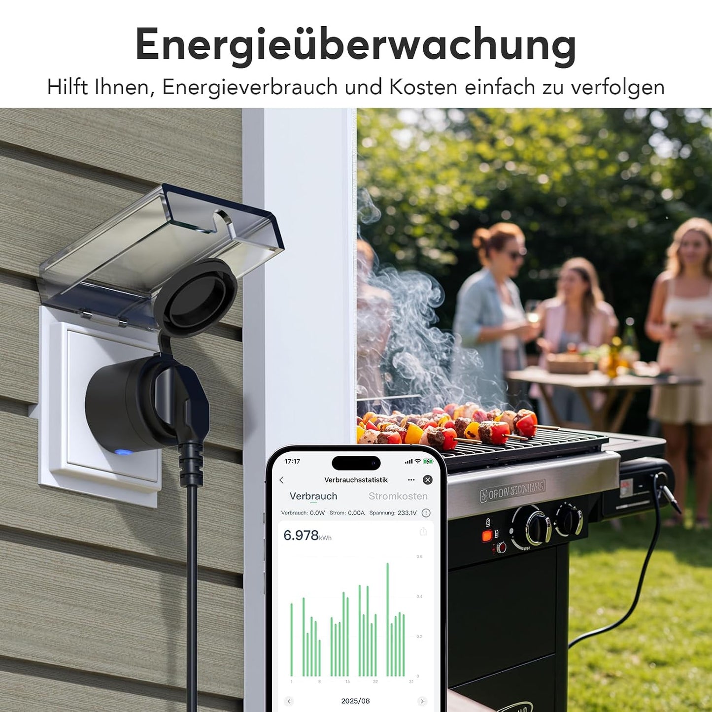 EIGHTREE WLAN Steckdose Outdoor, Zeitschaltuhr Aussenbereich mit Strommessung IP44 Wasserdicht, Smarte Steckdose mit Zeitschaltuhr, Fernbedienung & Sprachsteuerung, Kompatibel mit Alexa & Google Home