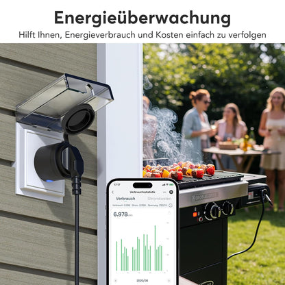 EIGHTREE WLAN Steckdose Outdoor, Zeitschaltuhr Aussenbereich mit Strommessung IP44 Wasserdicht, Smarte Steckdose mit Zeitschaltuhr, Fernbedienung & Sprachsteuerung, Kompatibel mit Alexa & Google Home