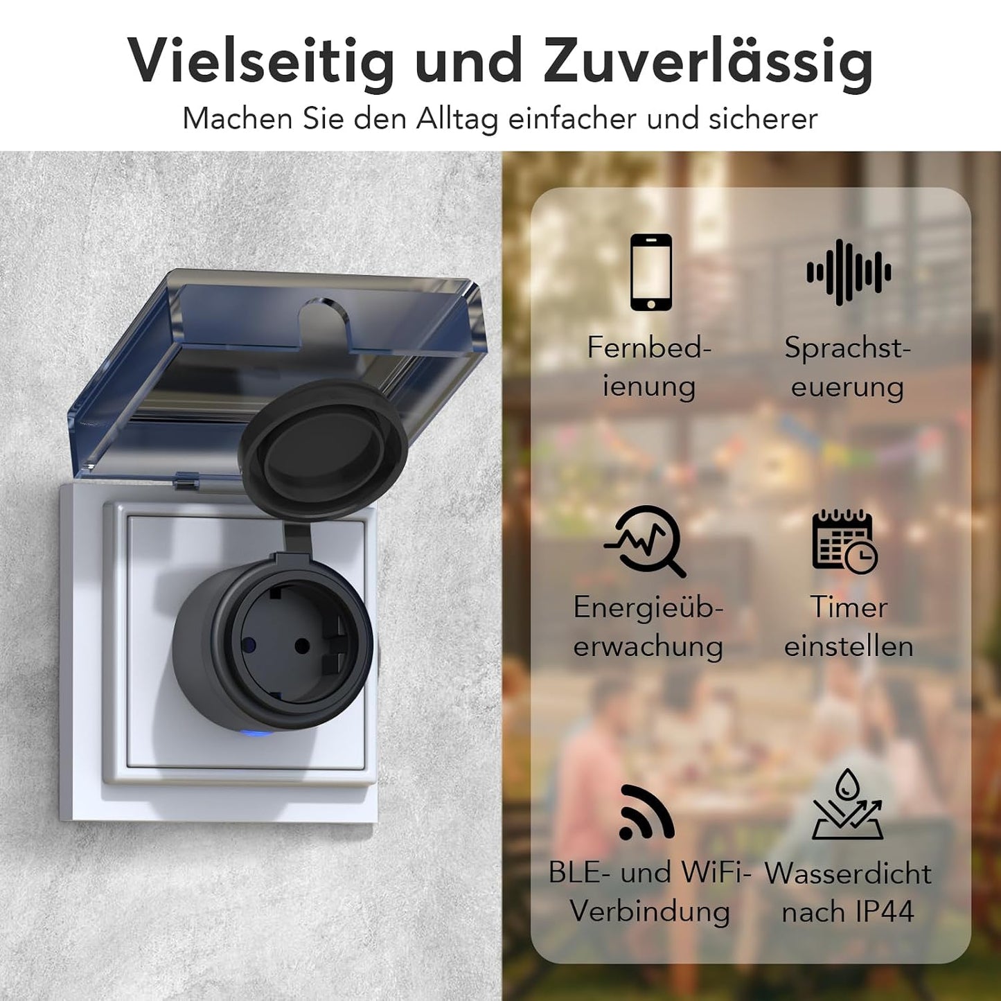 EIGHTREE WLAN Steckdose Outdoor, Zeitschaltuhr Aussenbereich mit Strommessung IP44 Wasserdicht, Smarte Steckdose mit Zeitschaltuhr, Fernbedienung & Sprachsteuerung, Kompatibel mit Alexa & Google Home