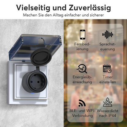EIGHTREE WLAN Steckdose Outdoor, Zeitschaltuhr Aussenbereich mit Strommessung IP44 Wasserdicht, Smarte Steckdose mit Zeitschaltuhr, Fernbedienung & Sprachsteuerung, Kompatibel mit Alexa & Google Home